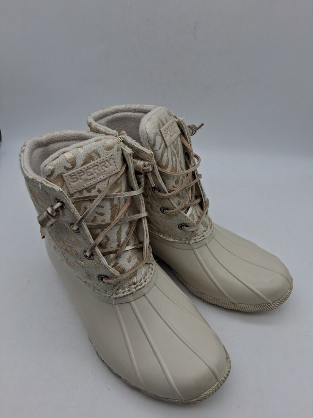 Sperry Women's 6.5 Saltwater Animal Leopard Duck Boots STS88315 Cream/Gold
